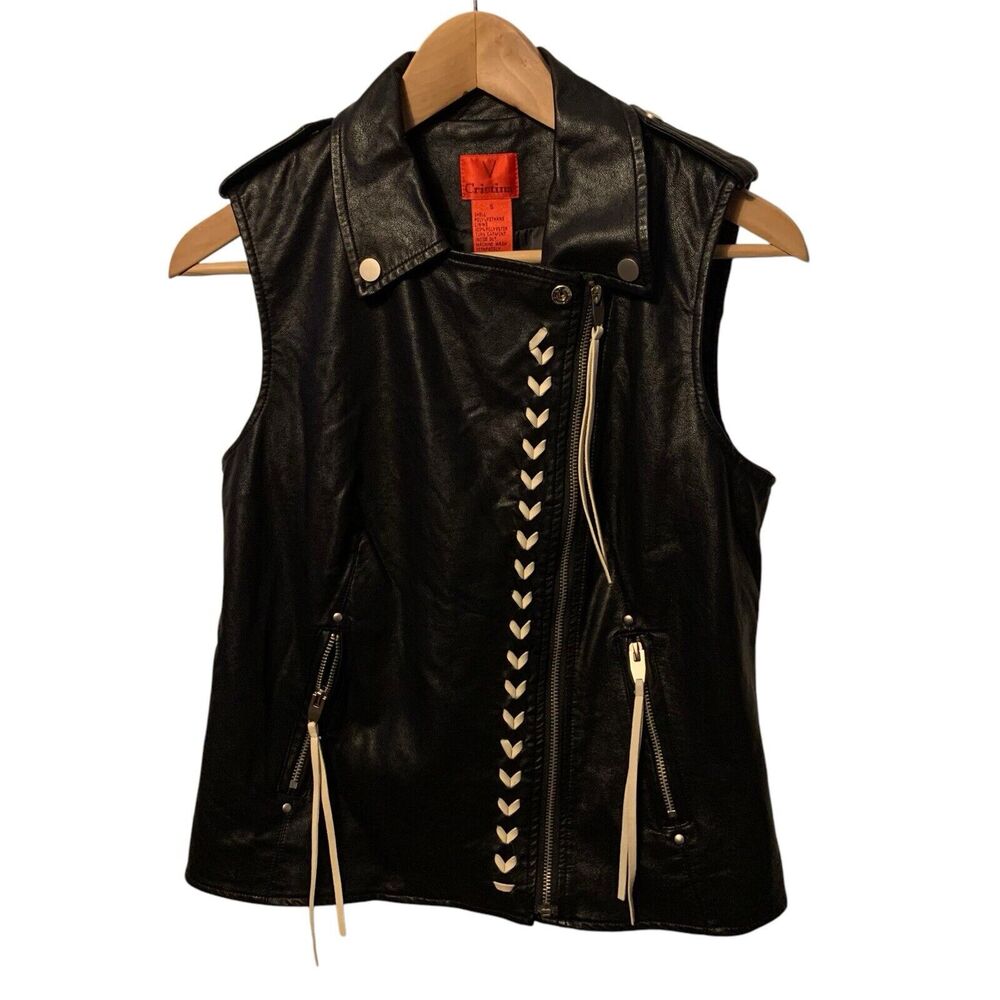V Cristina Black Faux Leather/Ivory Braided Laced Moto Vest Size Small - Picture 1 of 5